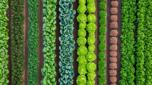 Bright green rows of various vegetables stretch across a well-maintained garden