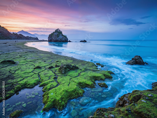 Obraz na płótnie seascape at sunset with dramatic rock w salonie