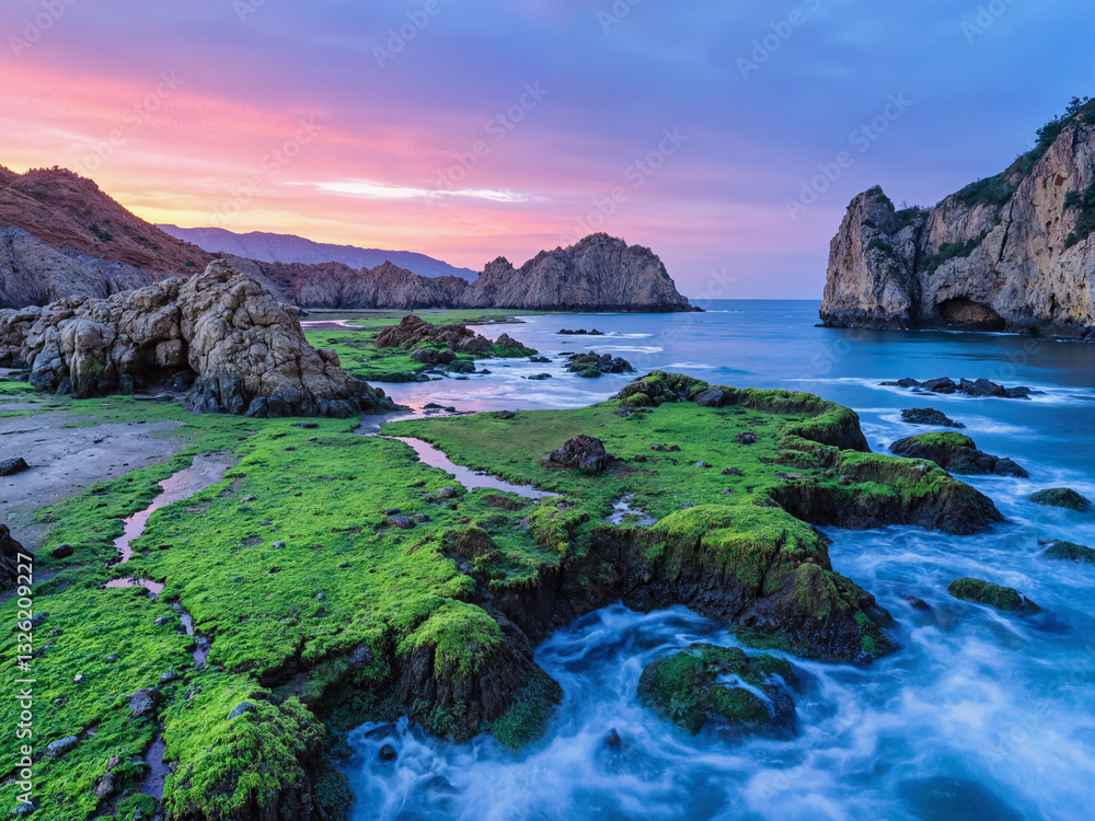 seascape at sunset with dramatic rock