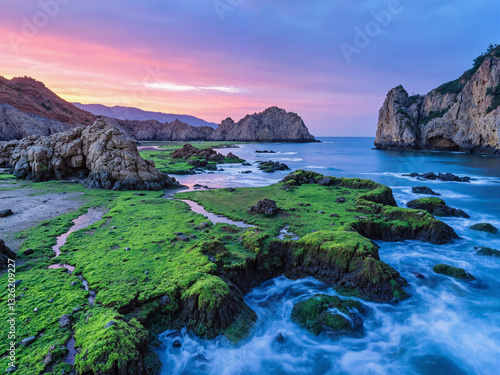 Obraz na płótnie seascape at sunset with dramatic rock w salonie
