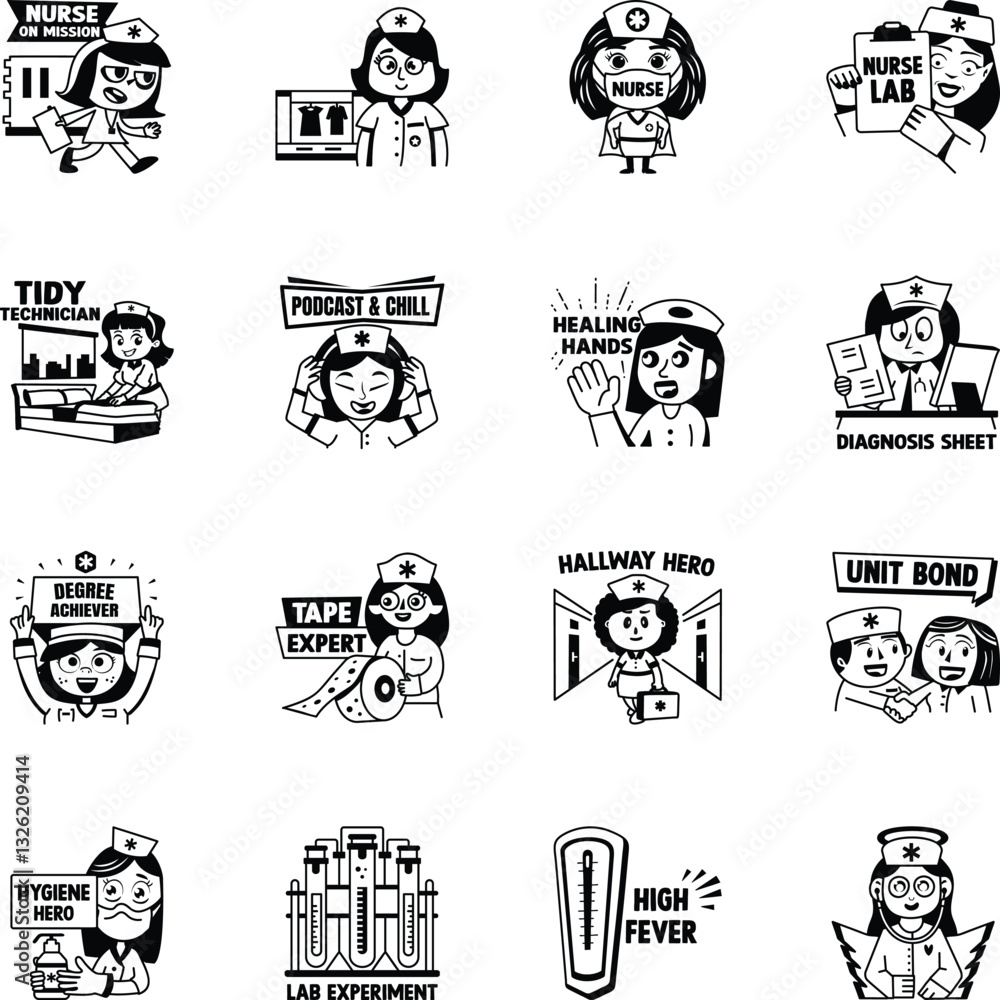 Fototapeta premium Set of Glyph Style Nursing Life Stickers
