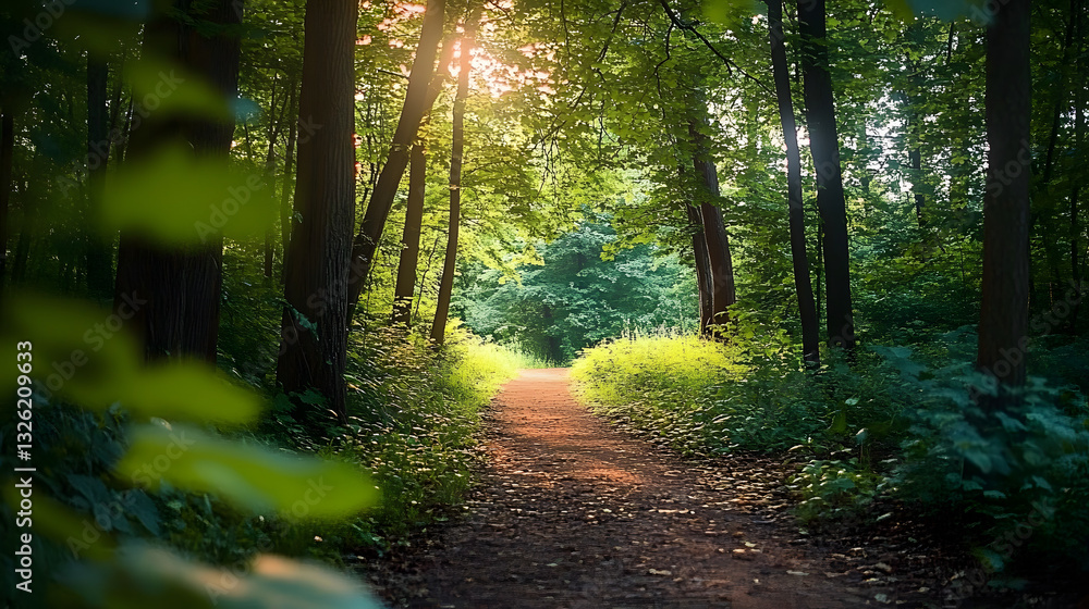 Obraz premium Peaceful Walkway in Dense Green Forest with Sunlight Filters : Generative AI