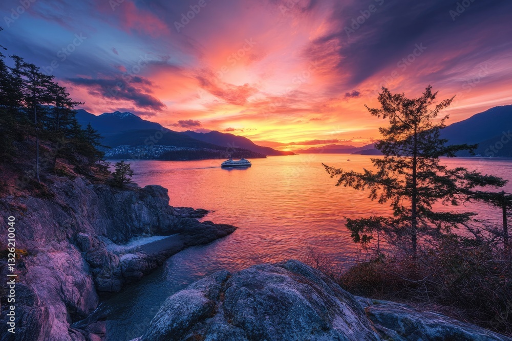 Fototapeta premium BC Ferries: Vibrant Sunset Adventure at Whytecliff Park, West Vancouver, British Columbia