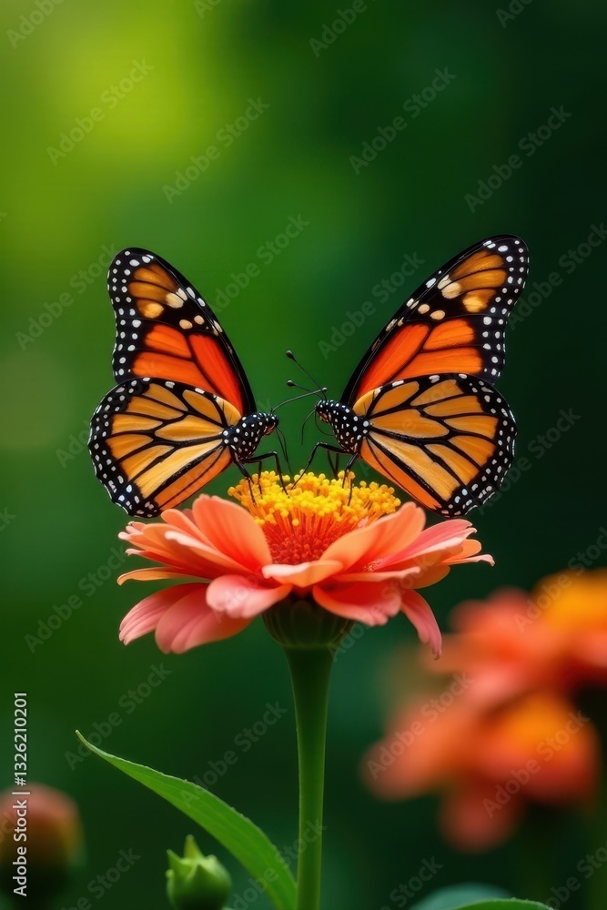 Fototapeta premium Pair of monarchs nectaring on bright bloom, lush green background, wildlife, delicate