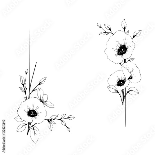 Elegant minimalist black and white floral illustration featuring two delicate poppy arrangements, framed symmetrically with fine lines on a white background.