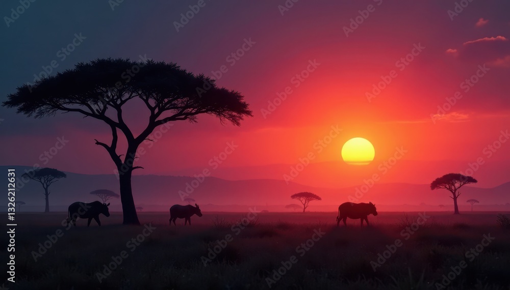 Misty sunrise over savanna, acacia trees silhouetted , vegetation, landscape Misty sunrise over savanna, acacia trees silhouetted , vegetation, landscape