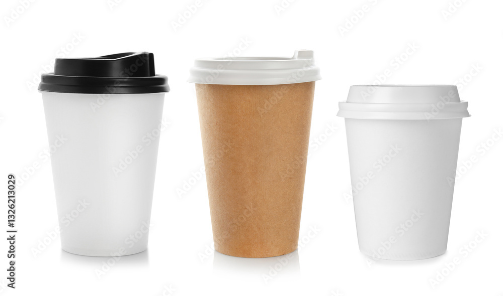 Different paper takeaway cups on white background, set Different paper takeaway cups on white background, set