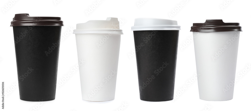 Different paper takeaway cups on white background, set Different paper takeaway cups on white background, set