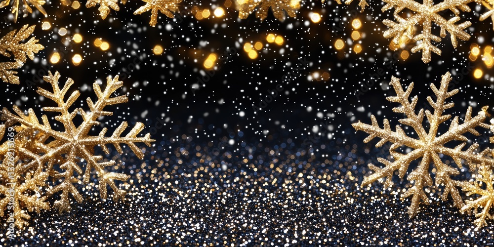 A beautiful gold frame embellished with glittering snowflakes and shining gold stars creating a festive atmosphere A beautiful gold frame embellished with glittering snowflakes and shining gold stars creating a festive atmosphere