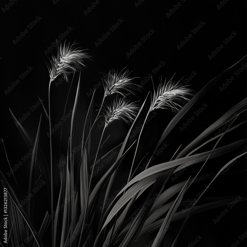 A monochrome artistic shot of grass captured in darkness highlighting its unique textures and shapes in stillness