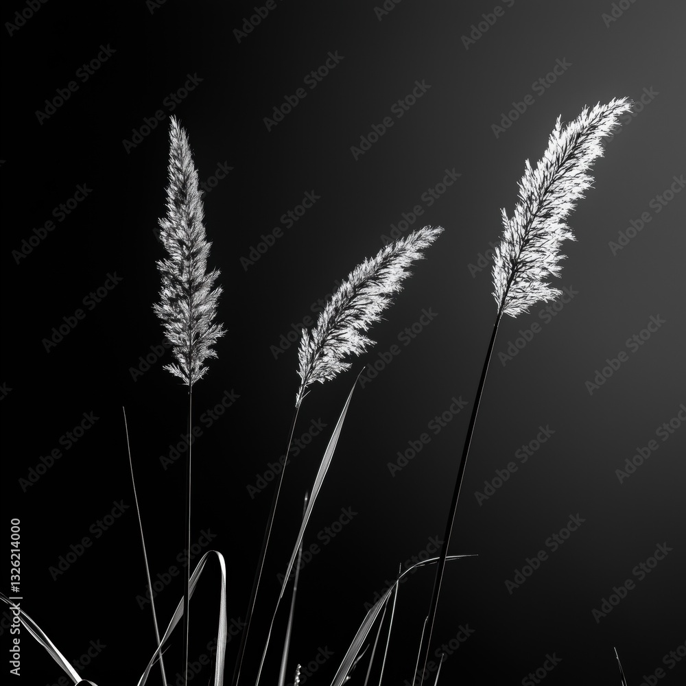 A monochrome artistic shot of tall grass flowers highlighting their unique shapes against a dark background at night