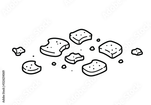 Bread crumbs black white clipart. This image shows various pieces and crumbs of bread in black and white. Vector illustration design.