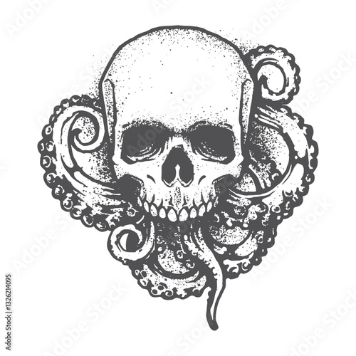 Abstract hand drawn skull head with tentacles