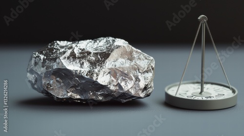 Balance and Ore: A meticulously composed image showing a rough, irregular metallic ore and a calibrated balance, representing the concepts of preciousness and equilibrium.
