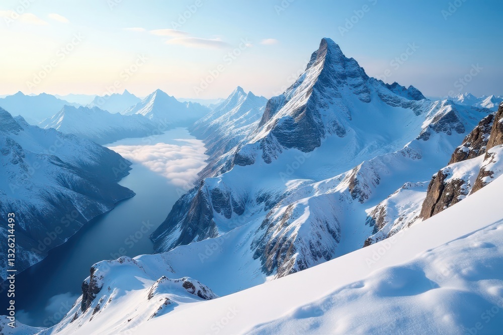 Obraz premium Panoramic snow-dusted Stokknes peaks from above, Iceland, texture, icy peaks