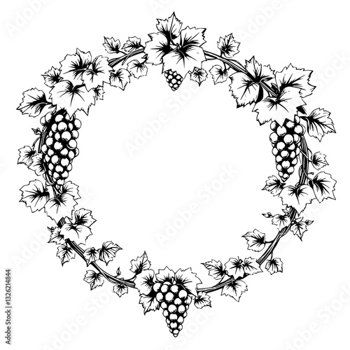 Intricate black and white circular design with grape vines and leaves, creating a decorative frame with a vintage aesthetic.