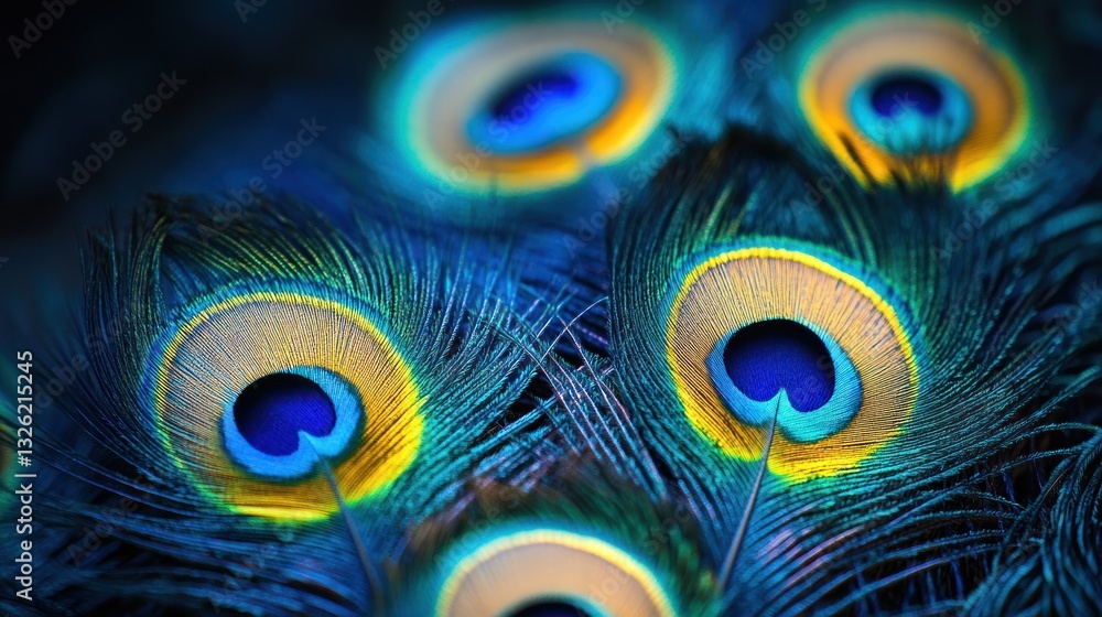 Obraz premium Close-up peacock feathers, vibrant colors, dark background, intricate patterns