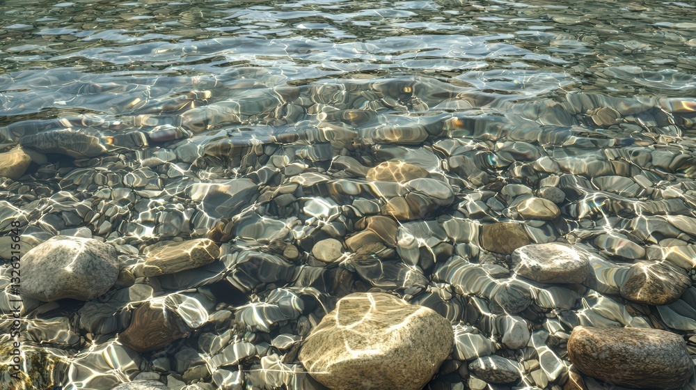 Submerged Stones: Transparent water reveals a bed of stones, each uniquely shaped and colored, creating a captivating interplay of light and shadow. The tranquil scene embodies nature's artistry. Submerged Stones: Transparent water reveals a bed of stones, each uniquely shaped and colored, creating a captivating interplay of light and shadow. The tranquil scene embodies nature's artistry.