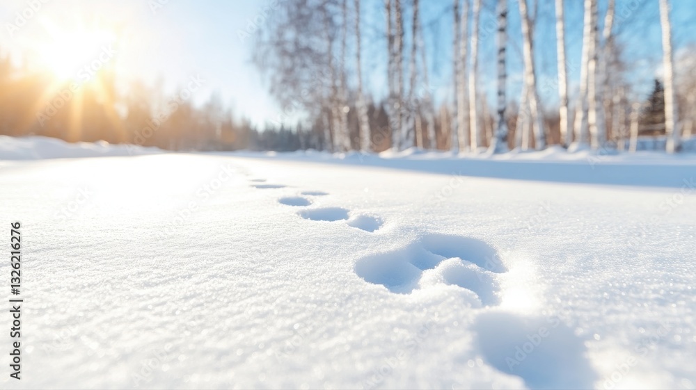Sunlit snowy path with footprints leading through a winter forest of birch trees, capturing serene wilderness beauty. Sunlit snowy path with footprints leading through a winter forest of birch trees, capturing serene wilderness beauty.