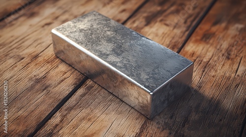 Solid Silver Ingot: A gleaming silver ingot rests on a rustic wooden surface, showcasing its refined metallic texture and inherent value. photo