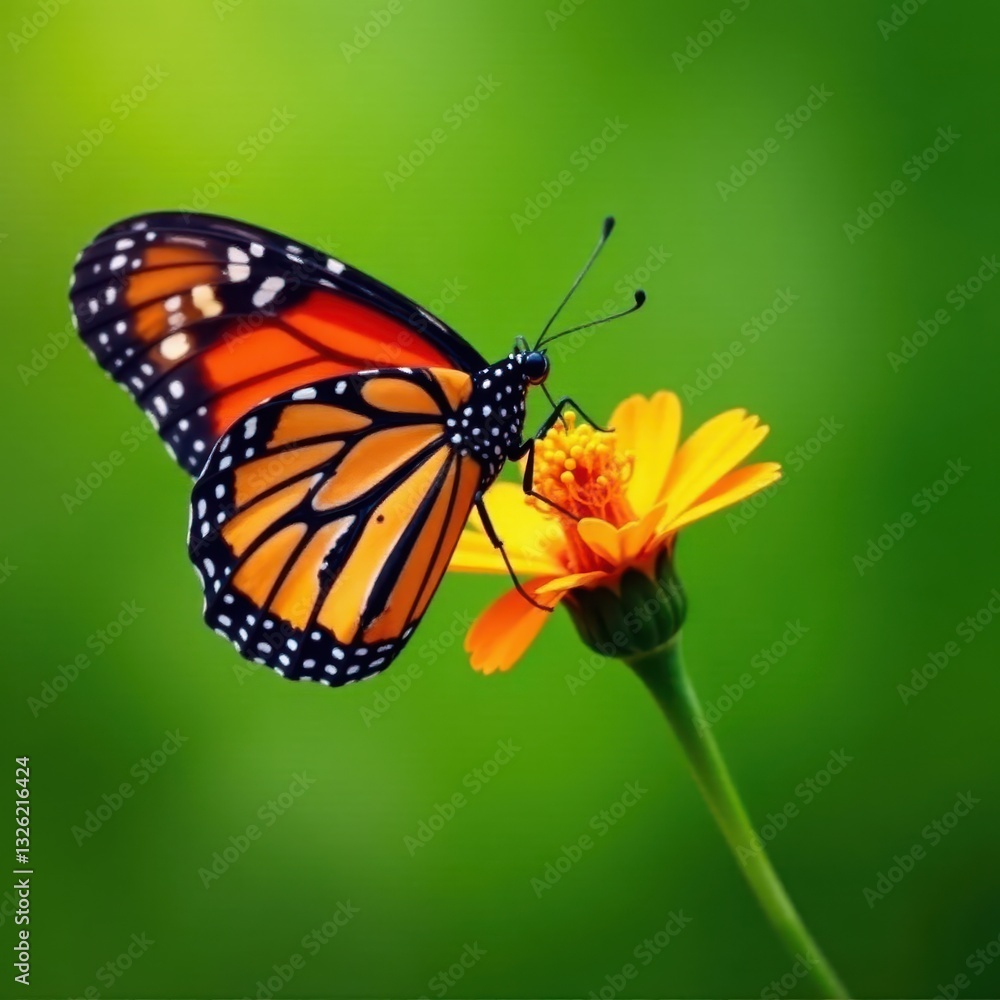 Fototapeta premium Monarch butterfly feeding on flower; green backdrop provides ample copy space , insect, pollination, colorful