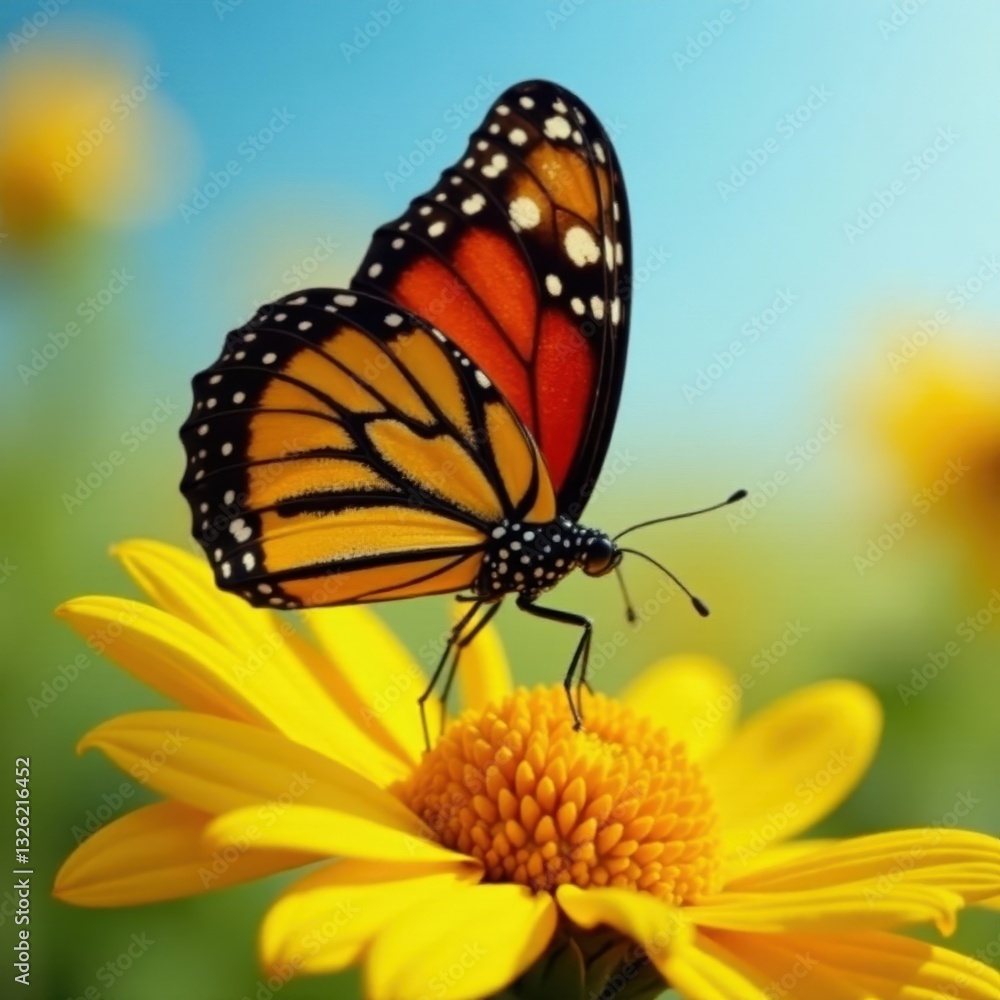 Fototapeta premium Monarch butterfly wings spread, nectaring on vibrant sunflower, fauna, bloom