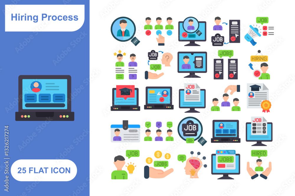 Hiring Process Flat Icon Set, Collection of 25 Hiring Process Flat Icon Set – 25 Recruitment, Interview, and HR Icons Hiring Process Flat Icon Set, Collection of 25 Hiring Process Flat Icon Set – 25 Recruitment, Interview, and HR Icons