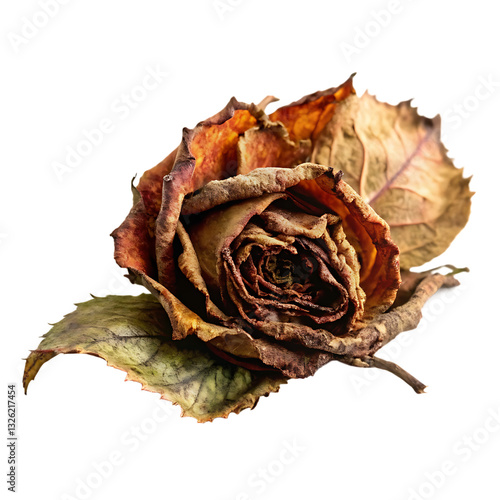  rose leaf dried curled textured isolated on white background PNG. GENERATIVE AI