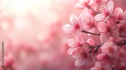 Pink sakura flowers bloom beautifully against a gentle, blurred background, evoking a sense of tranquility and peace. The soft colors and details capture the essence of springtime awakening