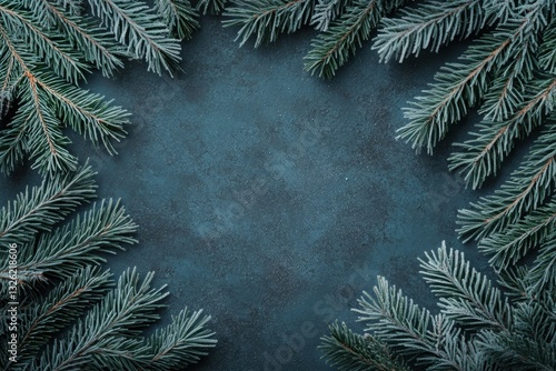 Wallpaper Mural Frosted Pine Branches Frame on Dark Blue Background, Winter Holiday Background Torontodigital.ca