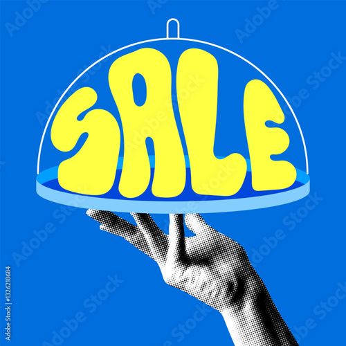 Halftone hand holding waiter tray platter with word Sale. Modern collage with restaurant cloche