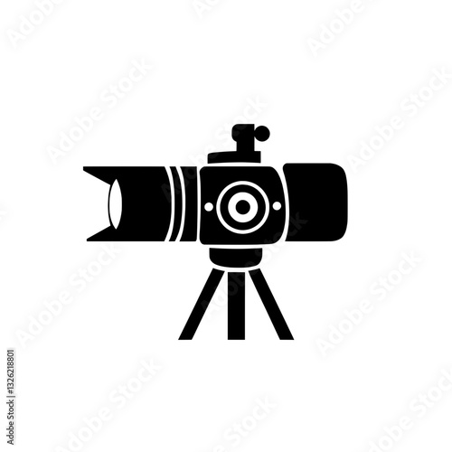 High-powered telescope camera icon on a tripod, symbolizing astronomy, surveillance, long-range photography, and observation technology.