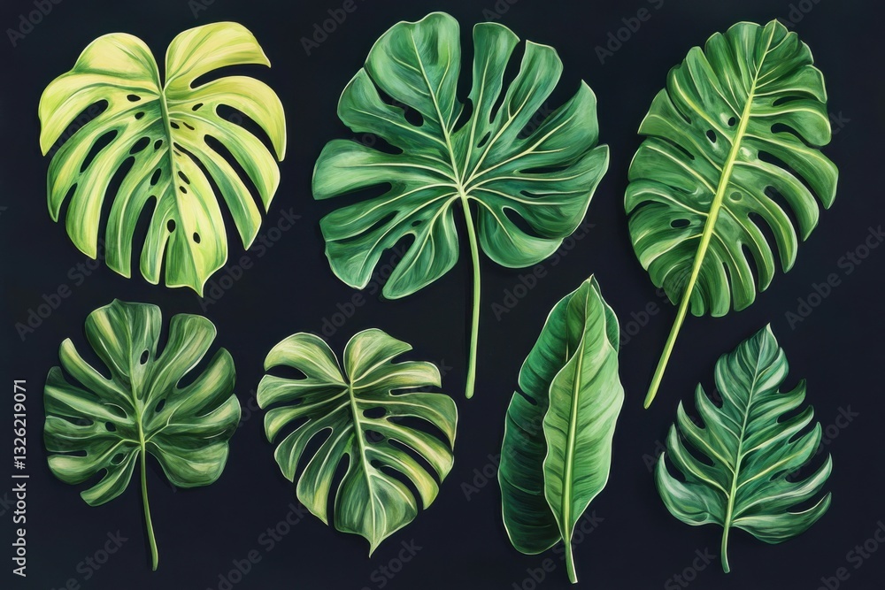 Fototapeta premium Illustration of various philodendron plant parts showcasing their unique leaf shapes and colors