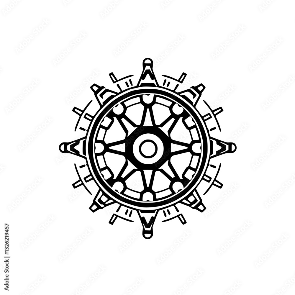 Obraz premium A symmetrical, black and white, stylized wheel design, featuring ornate geometric patterns and radial lines, set against a stark white background.