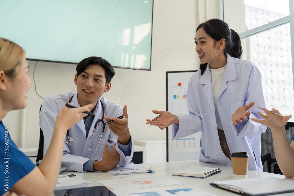 Dynamic healthcare meeting. Medical professionals discussing strategies and ideas in a collaborative environment. Dynamic healthcare meeting. Medical professionals discussing strategies and ideas in a collaborative environment.