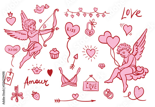 Red and pink color Valentine's day cute cupid design hand drawn element set