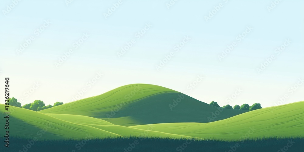 Serene Green Rolling Hills Landscape with Minimalist Style and Soft Sky, Illustration. Serene Green Rolling Hills Landscape with Minimalist Style and Soft Sky, Illustration.