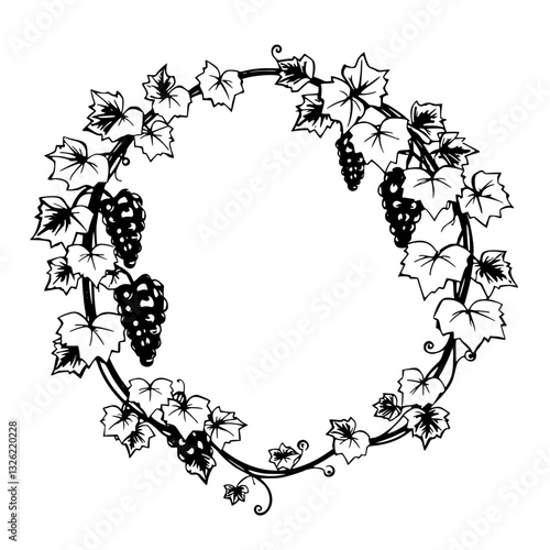 Black and white illustration of a circular grapevine wreath featuring grapes and leaves, perfect for elegant designs and motifs.