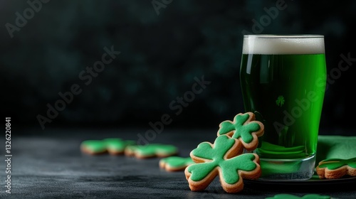 Festive St Patricks Day Green Beer and Shamrock Cookies Celebration Still Life photo