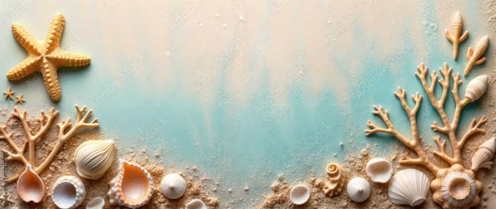 Obraz premium Seascape artwork with natural seashells, coral, starfish arranged on textured surface, soft pastel gradient colors from beige to blue, calm and serene ocean theme, detailed patterns, tranquil atmosphe
