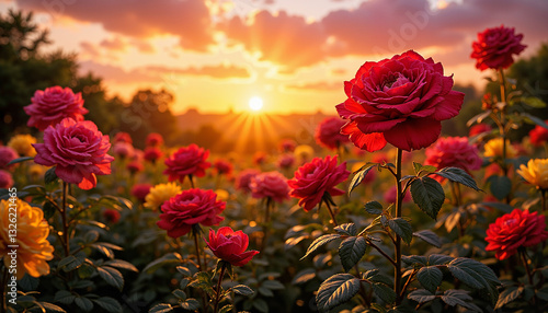 Blooming roses field at sunset, beautiful landscape for blogs, websites, greeting cards