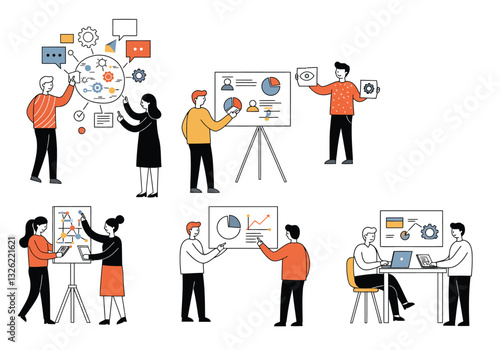 Clip art team building. This image shows various team-building activities and presentations. Vector illustration design.