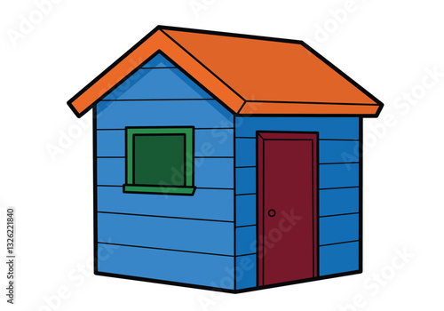 Shed clip art. A small blue shed with an orange roof, green window, and maroon door. Vector illustration design.