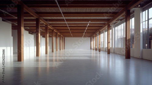 Empty Gymnasium Interior with Wood Beams and Concrete Floor Background