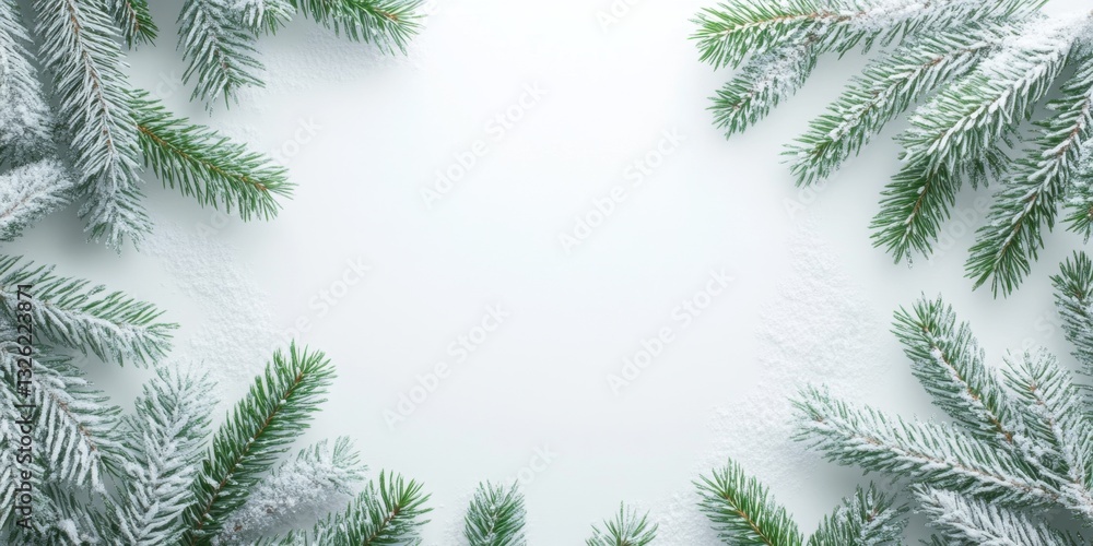 Obraz premium Elegant Snowy Pine Branches Frame on White Background for Christmas and Winter Design.