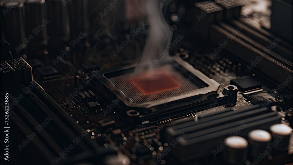 Close-up of a computer motherboard with a glowing red CPU and smoke rising from the chip, symbolizing hardware failure and technology malfunction. Concept of computer repair, IT troubleshooting Close-up of a computer motherboard with a glowing red CPU and smoke rising from the chip, symbolizing hardware failure and technology malfunction. Concept of computer repair, IT troubleshooting
