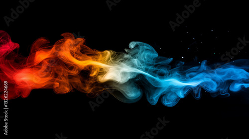 Colorful smoke swirls blend orange, white, and blue in a stunning abstract display against a black background