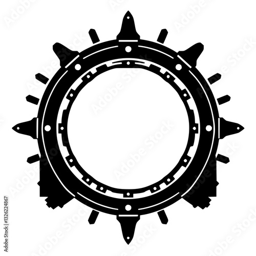 Intricate Black and White Circular Emblem: A Detailed Design Featuring Spiked Elements, Inner Dot Pattern, and Geometric Symmetry Against a White Backdrop.