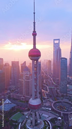 4K Real Time Aerial view of financial buildings in Shanghai at sunrise