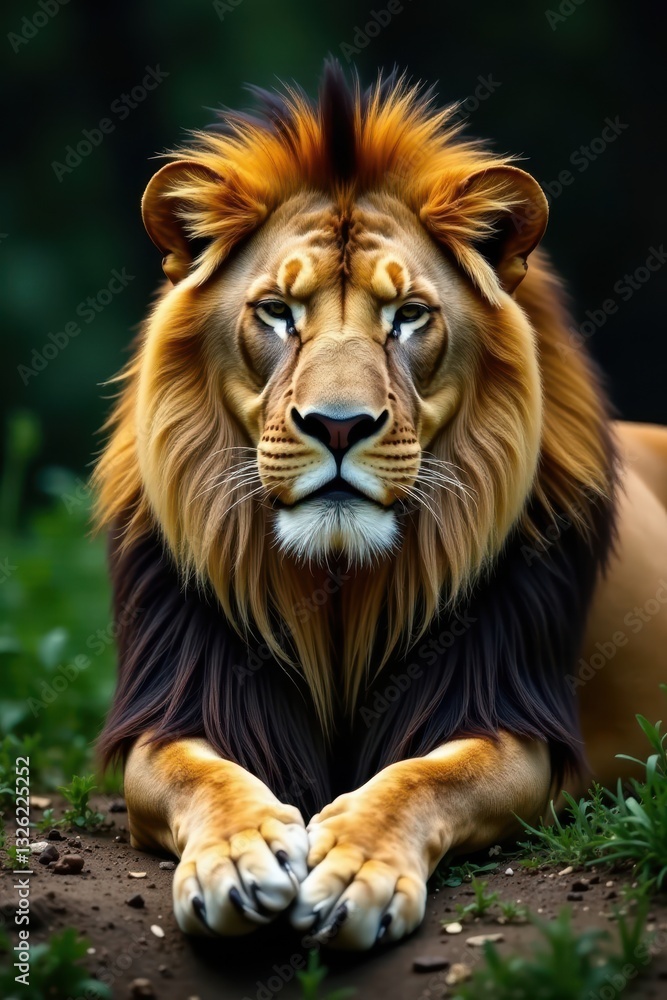 Obraz premium Majestic male lion, slumbering peacefully in his zoo enclosure , grassland, nature, claws